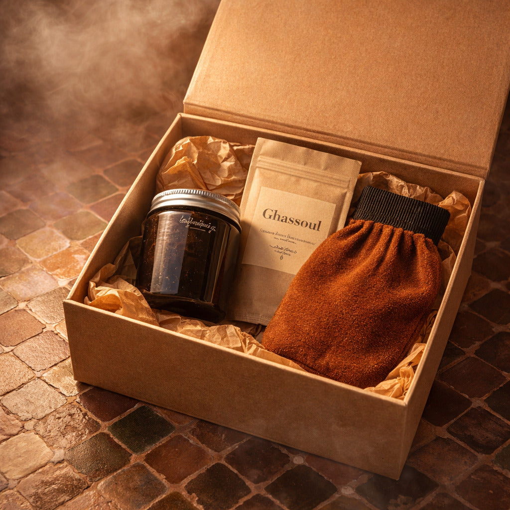 Coffret Rituel Hammam NWAR - savon noir ghassoul et gant kessa