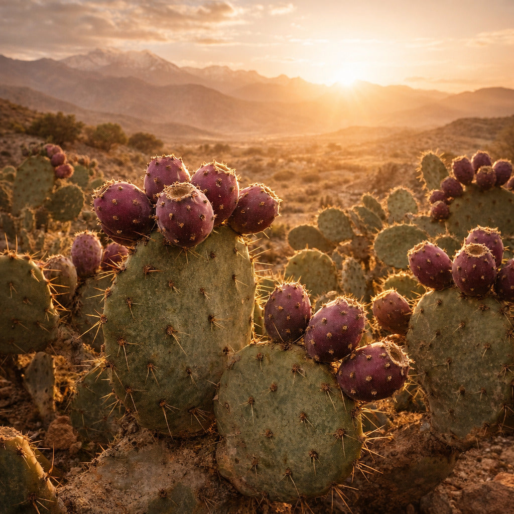 Cactus figuier de barbarie au Maroc - fruits pourpres au coucher du soleil