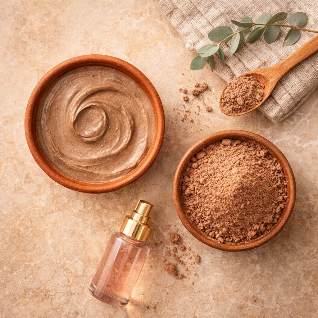 Rituel ghassoul - poudre pate et accessoires naturels vue dessus