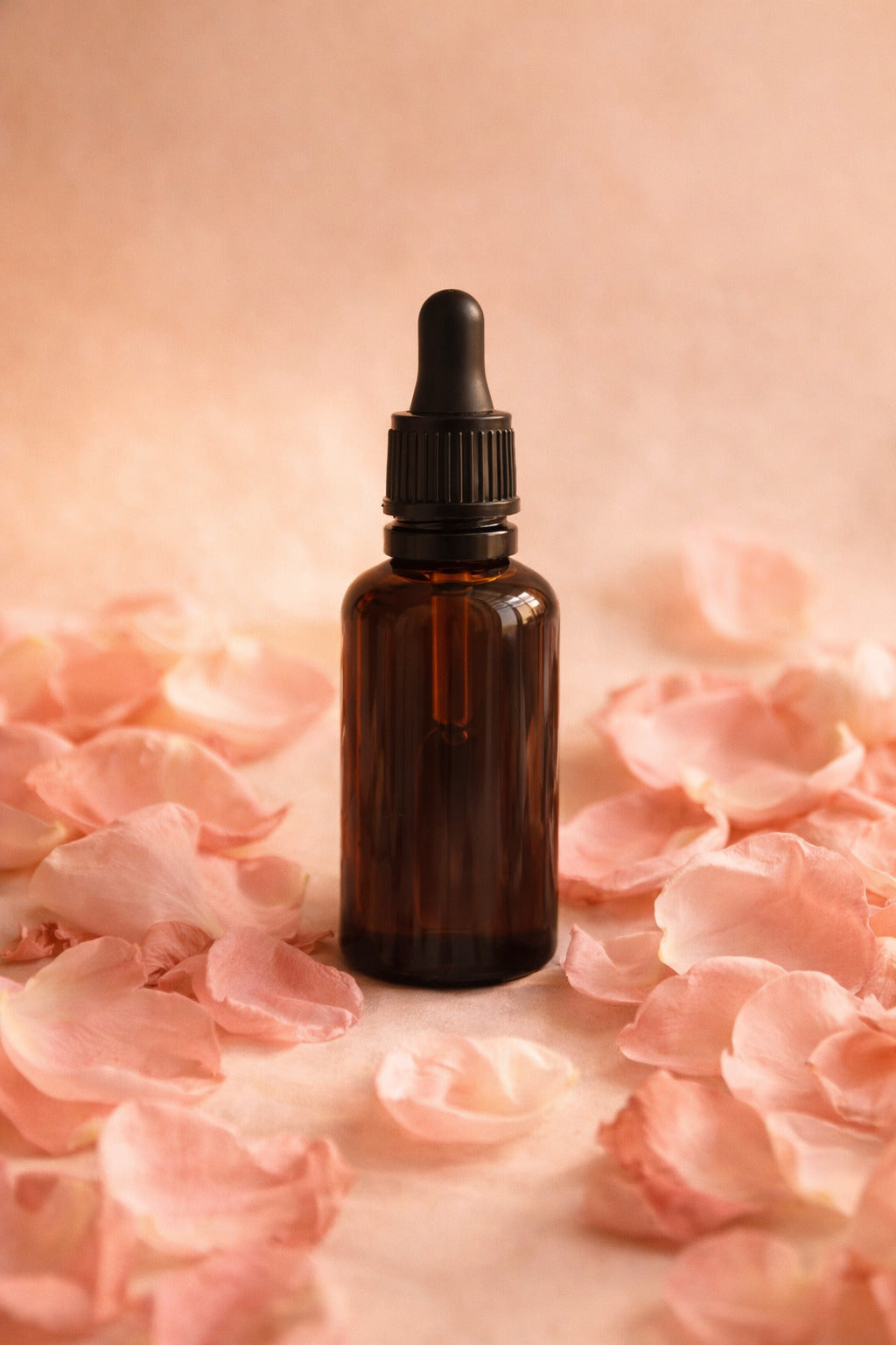 Flacon d'eau de rose entoure de petales frais